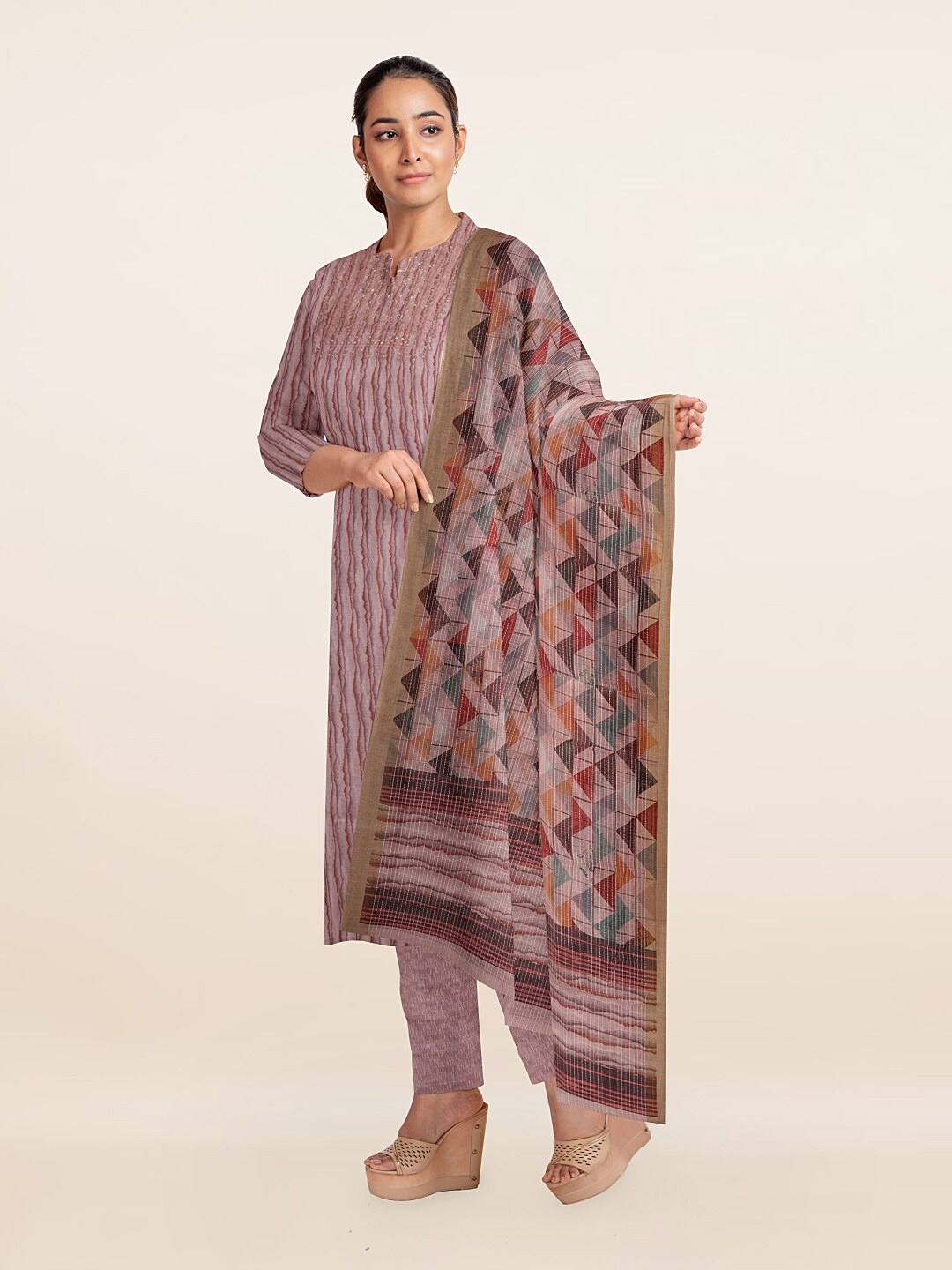 

Pothys Mauve & Red Printed Unstitched Dress Material