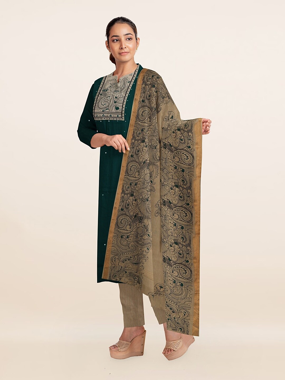 

Pothys Green & Beige Unstitched Dress Material