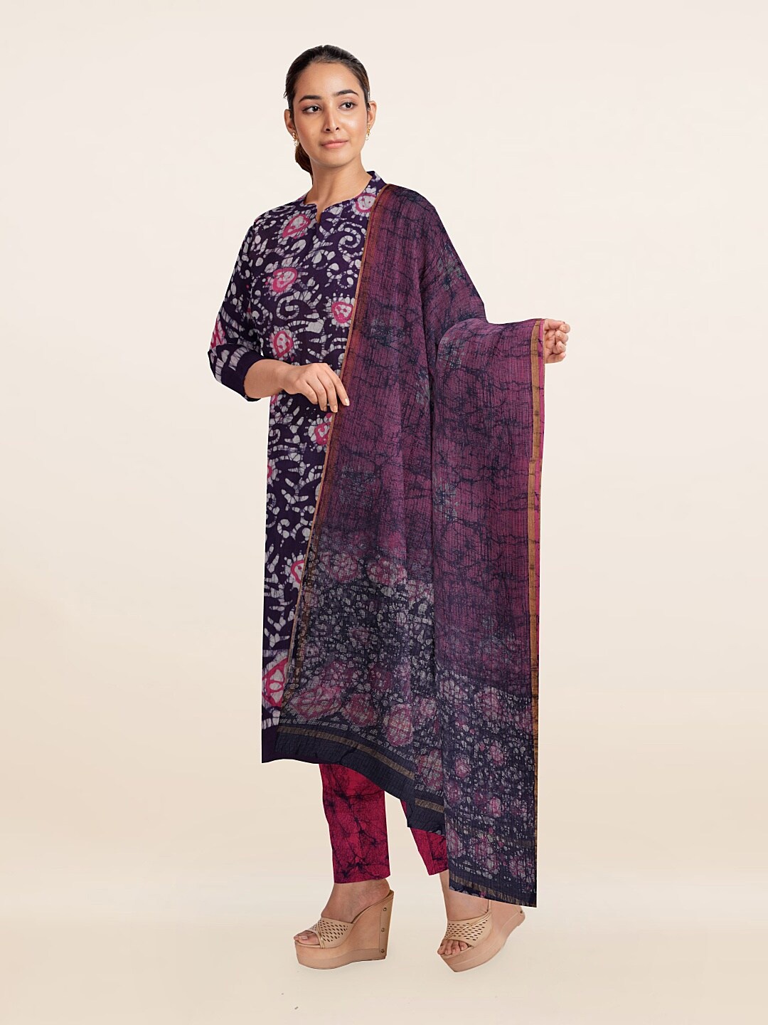 

Pothys Navy Blue & Off White Dyed Unstitched Dress Material