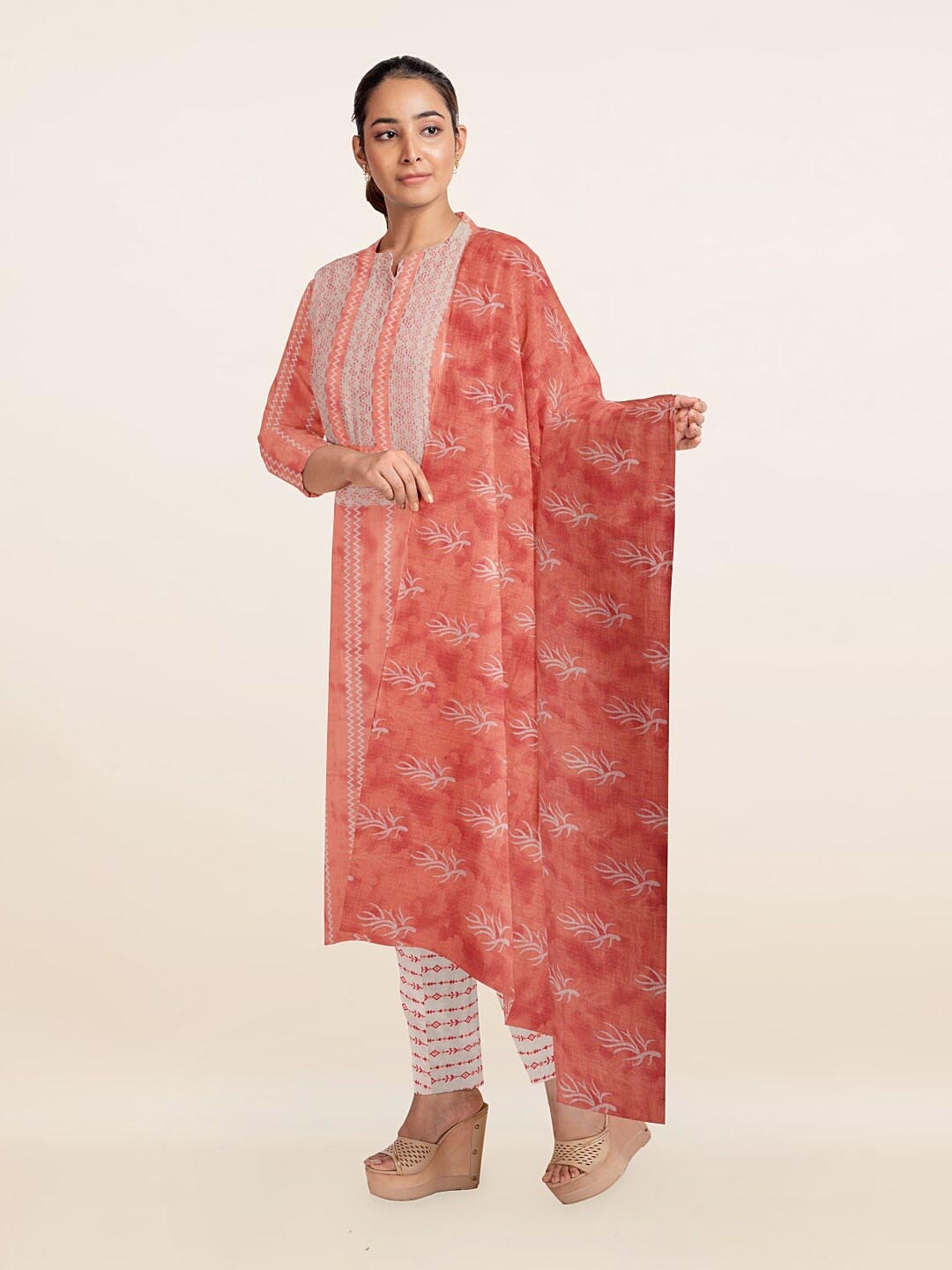 

Pothys Peach-Coloured & Off White Printed Unstitched Dress Material