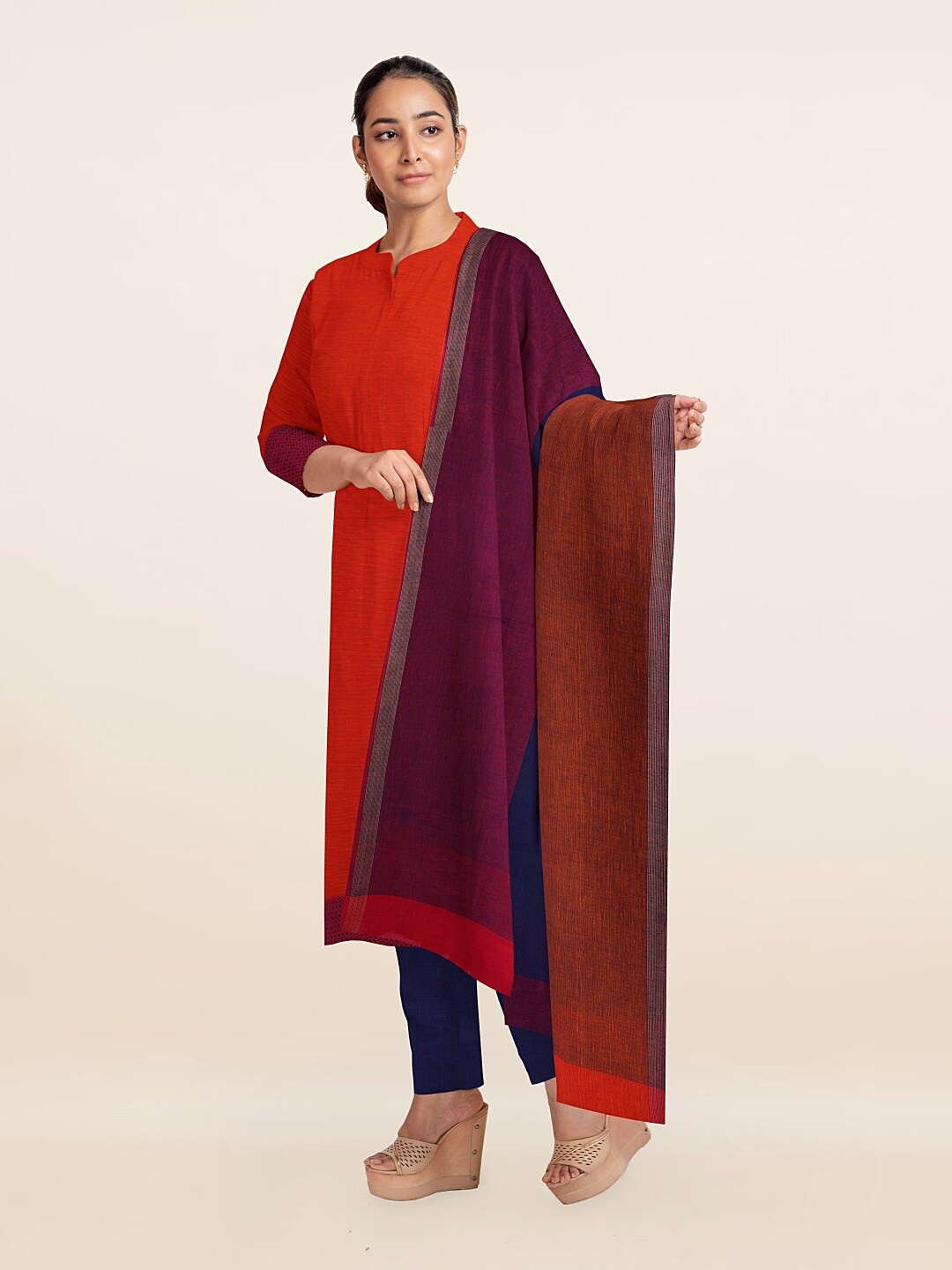 

Pothys Coral & Blue Unstitched Dress Material