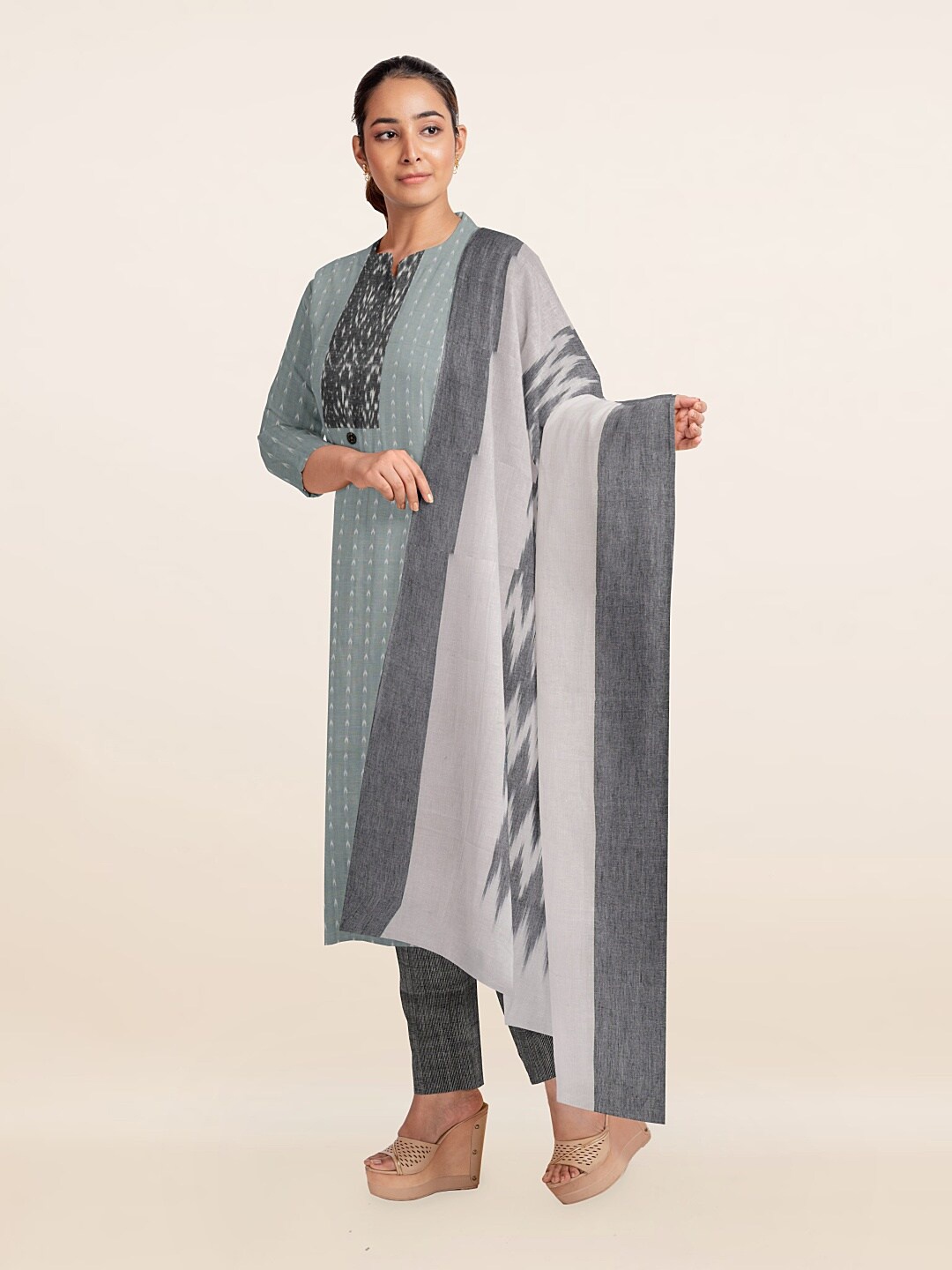 

Pothys Grey & Off White Printed Unstitched Dress Material