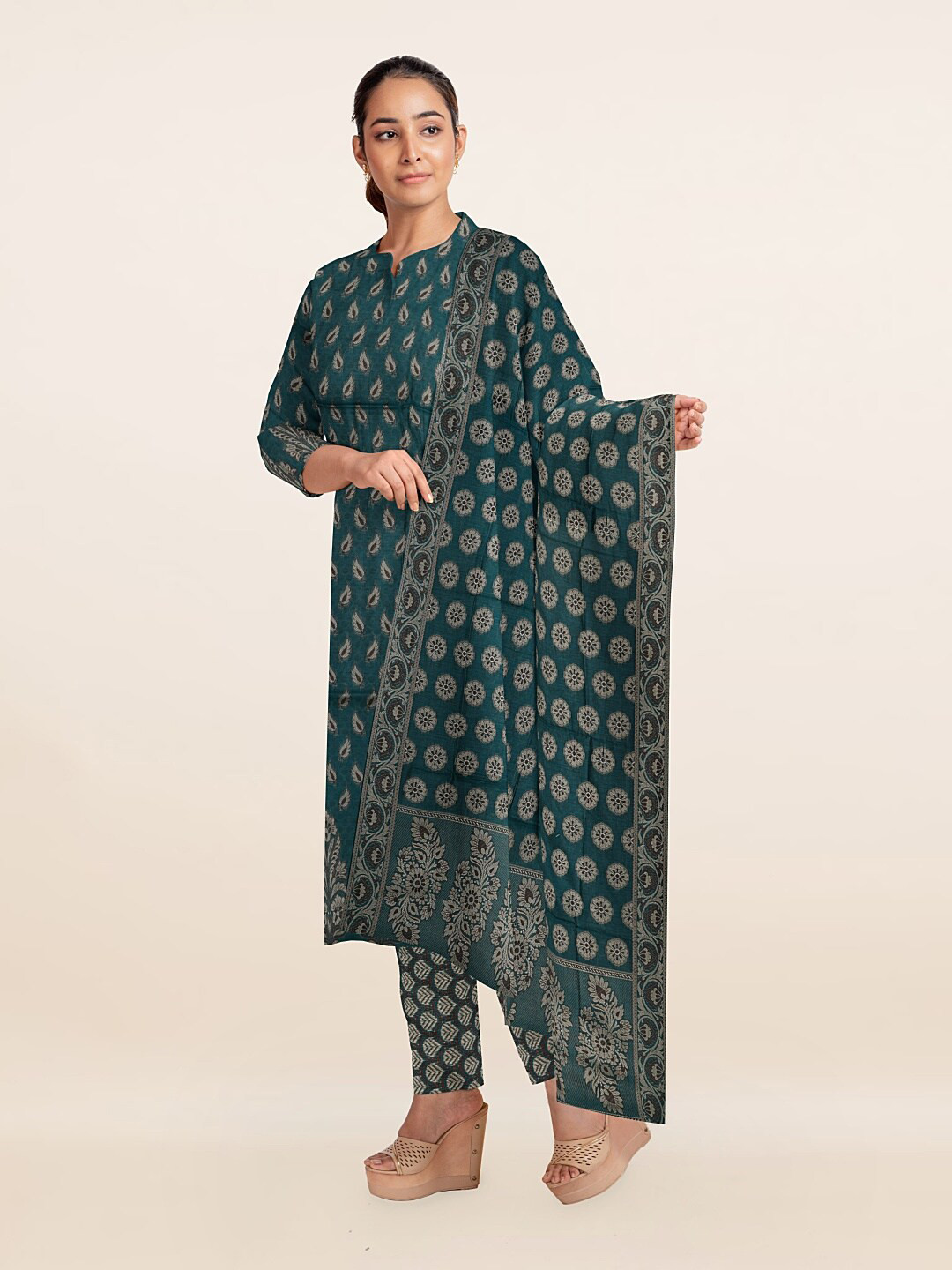 

Pothys Blue & Silver-Toned Printed Art Silk Unstitched Dress Material