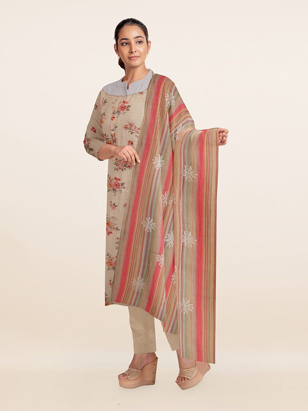 

Pothys Peach-Coloured & Beige Floral Printed Viscose Rayon Unstitched Dress Material