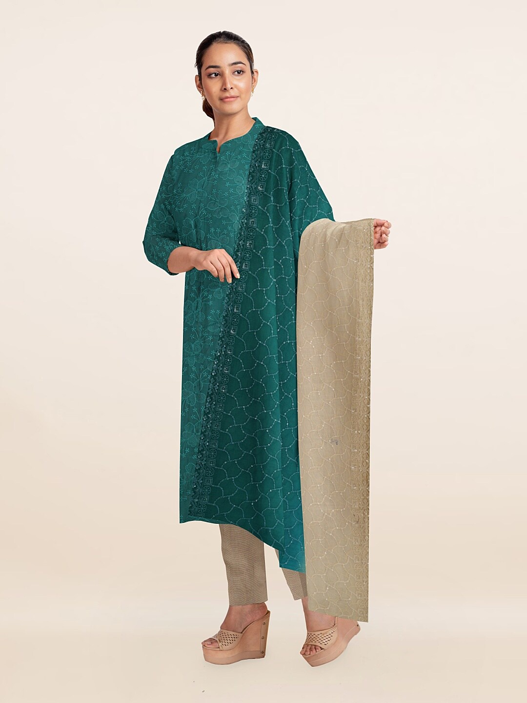 

Pothys Green & Beige Unstitched Dress Material
