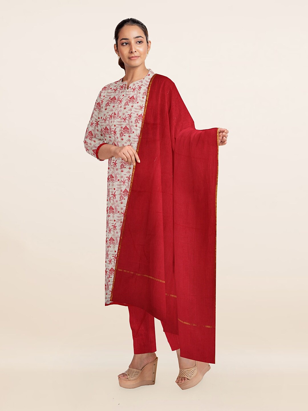 

Pothys Cream-Coloured & Grey Unstitched Dress Material