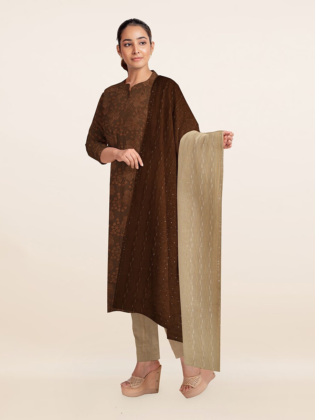 

Pothys Brown & Beige Unstitched Dress Material