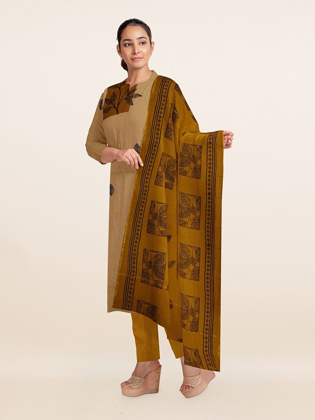 

Pothys Gold-Toned & Black Printed Unstitched Dress Material