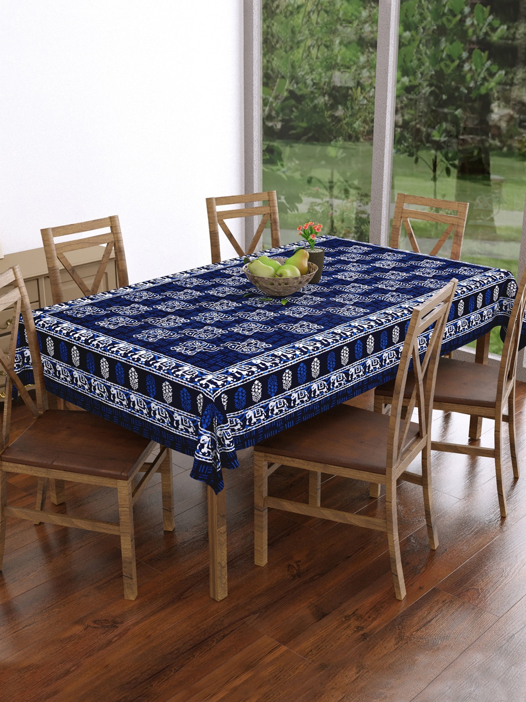 

BLOCKS OF INDIA Blue Elephant Printed Pure Cotton 6-Seater Table Cloth