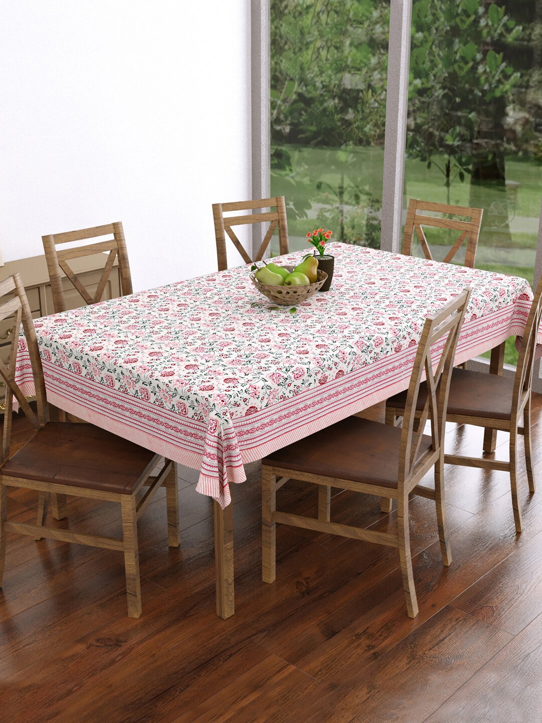 

BLOCKS OF INDIA Pink Block Printed Pure Cotton 6-Seater Table Cloth