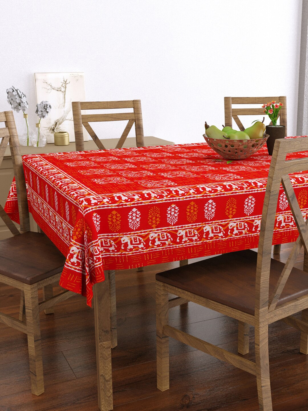 

BLOCKS OF INDIA Red Elephant Printed Pure Cotton 6-Seater Table Cloth