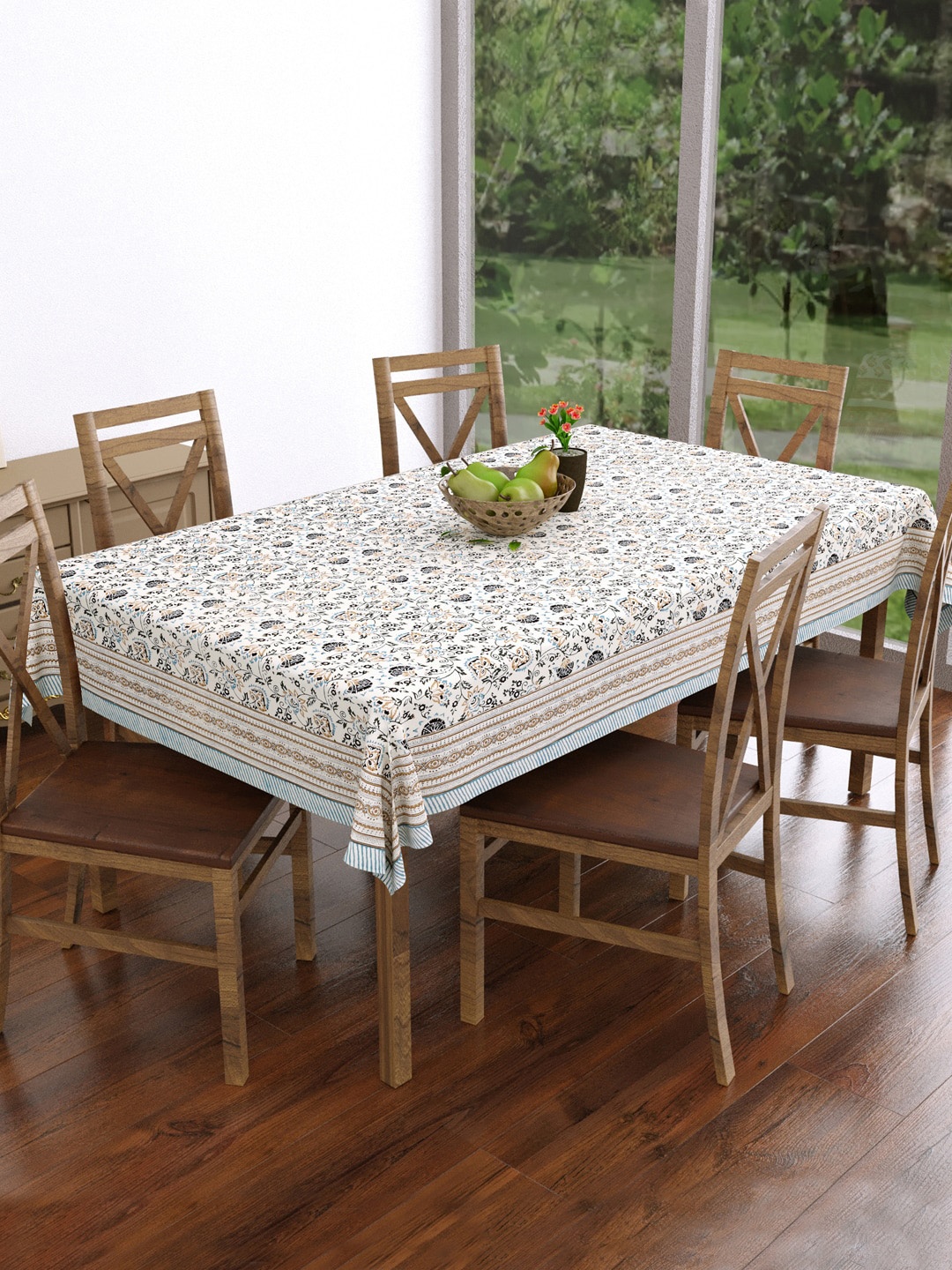 

BLOCKS OF INDIA Grey Printed Cotton 6 Seater Table Cloth