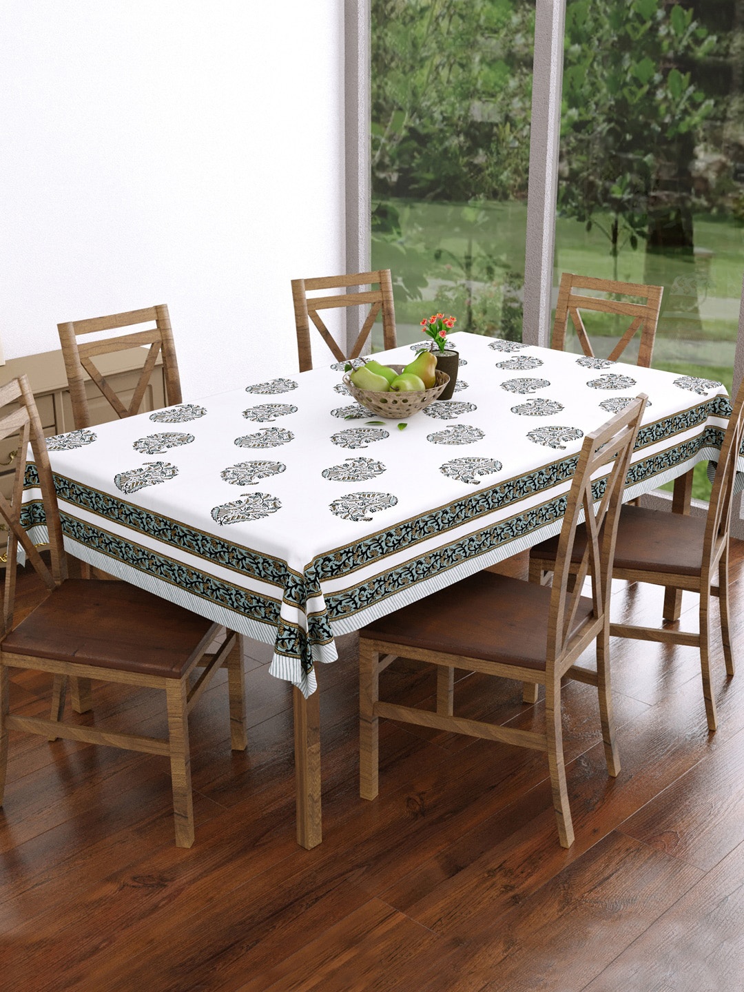 

BLOCKS OF INDIA Grey & White Printed Pure Cotton 6-Seater Table Cloth