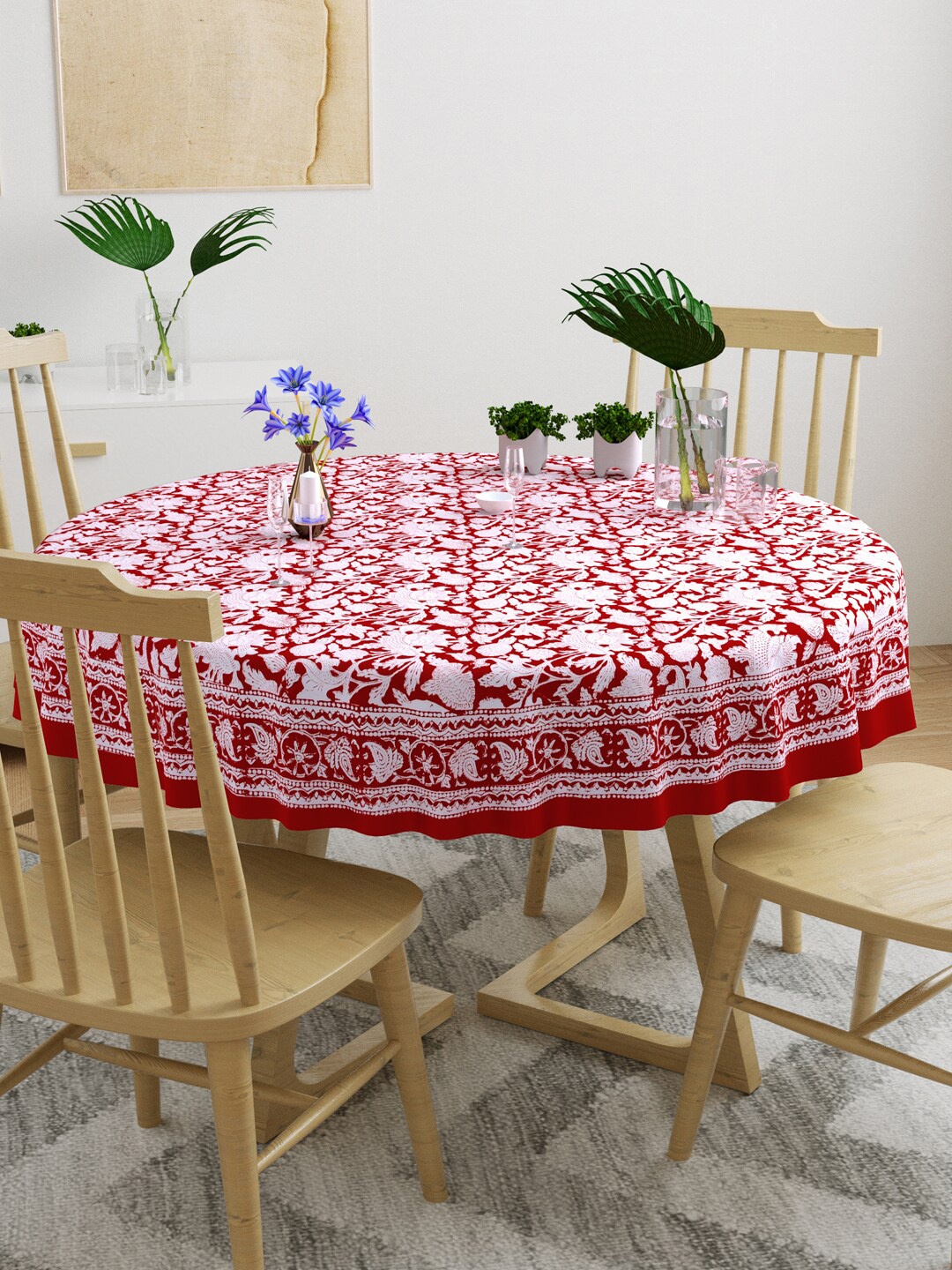 

BLOCKS OF INDIA Red & White Printed Pure Cotton 4-Seater Table Cloth