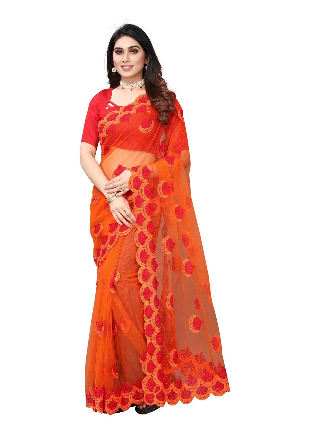 

Zabukee Orange & Red Ethnic Motifs Embroidered Net Saree