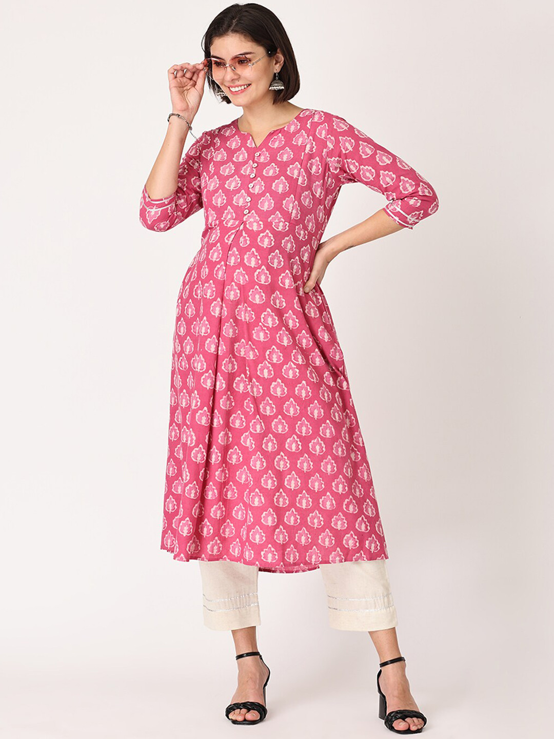 

The Mom Store Women Pink Ethnic Motifs Printed Pure Cotton Maternity Kurta with Trousers