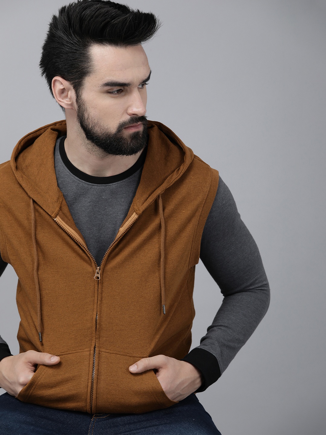 

The Roadster Lifestyle Co. Men Mustard Brown Solid Hooded Sweatshirt