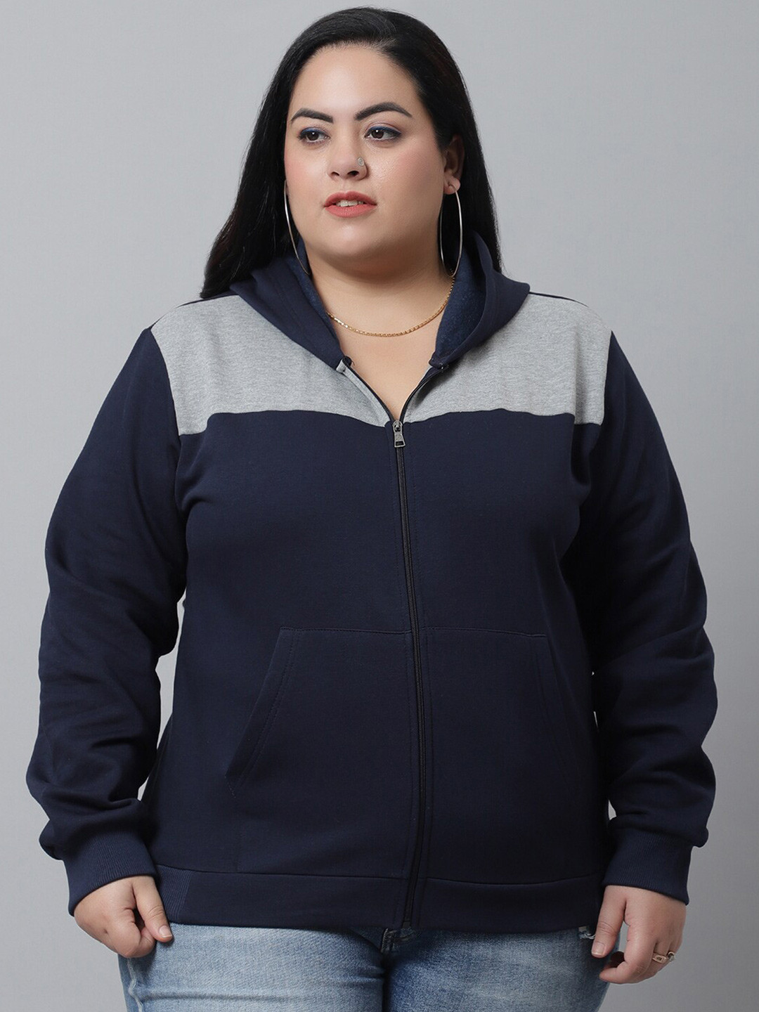 

Rute Women Blue Colourblocked Hooded Plus Size Fleece Sweatshirt