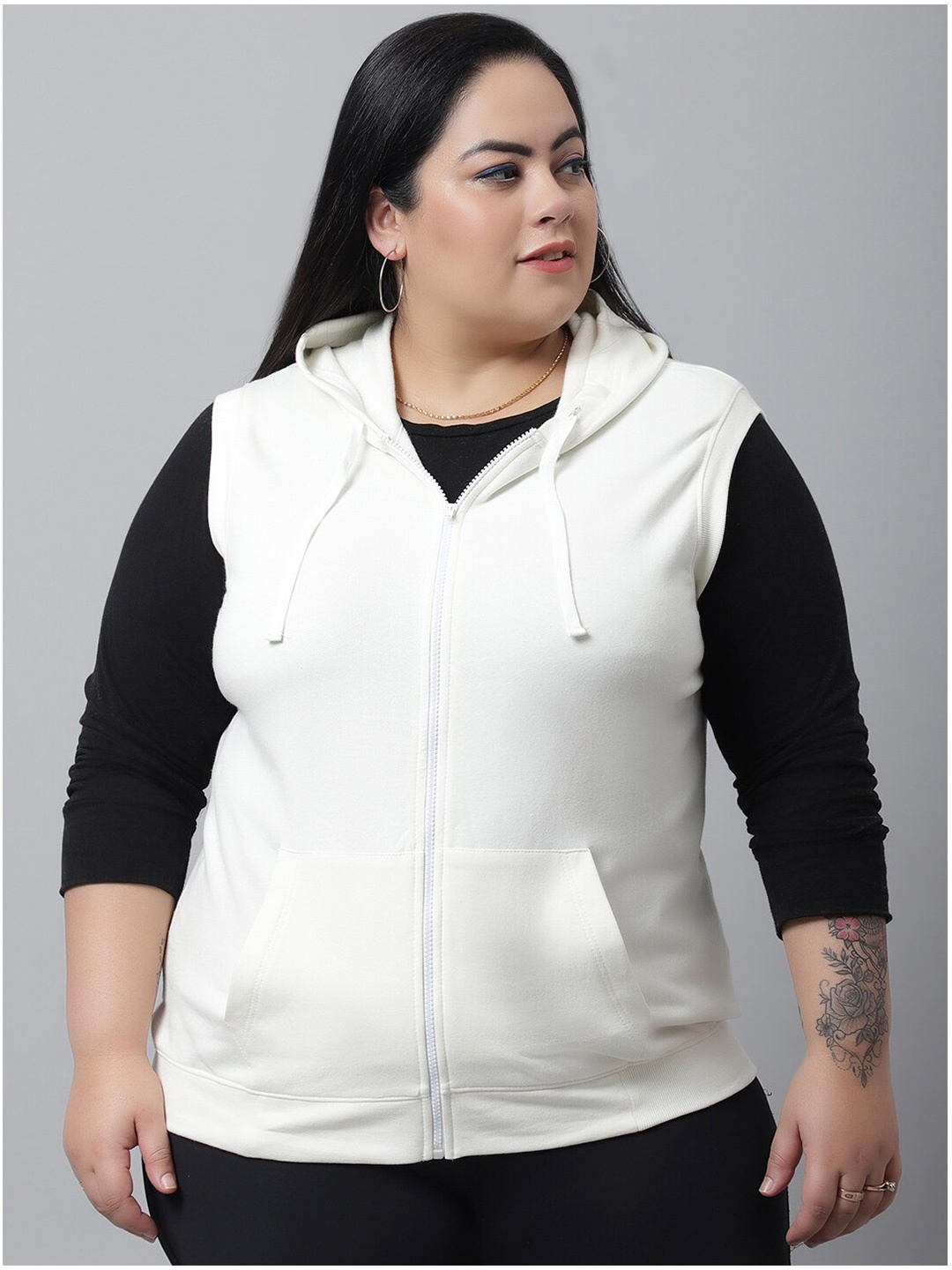 

Rute Women White Hooded Plus Size Fleece Sweatshirt