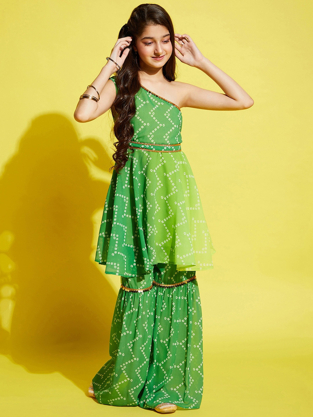 

Cherry & Jerry Girls Green & White Bandhani Printed A-Line Kurta with Sharara