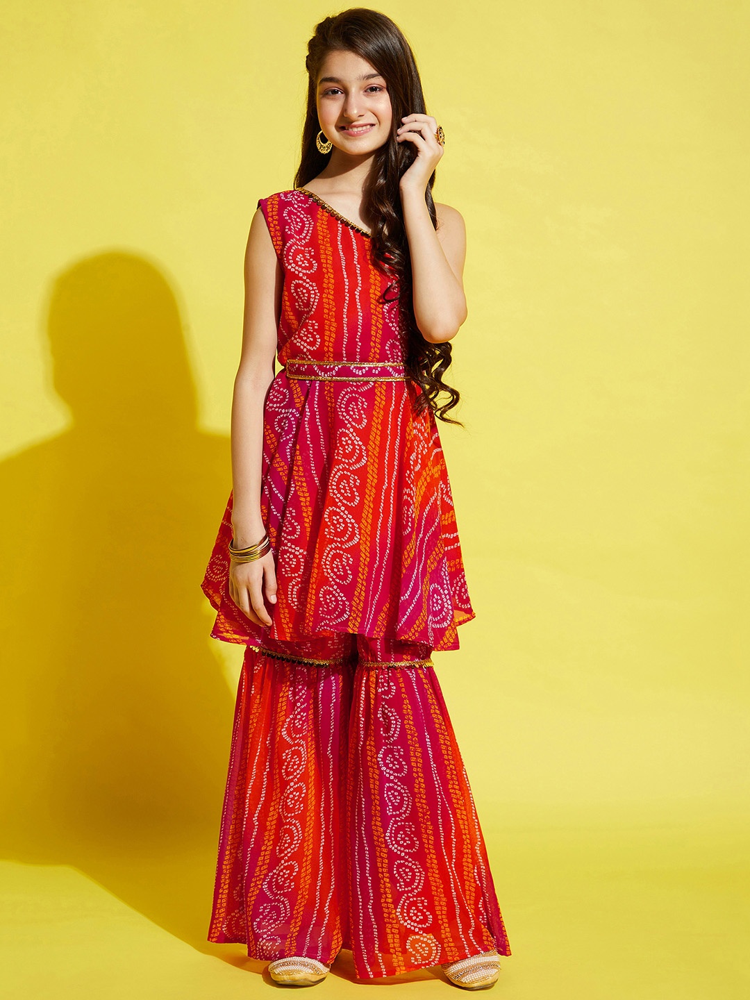 

Cherry & Jerry Girls Orange & Pink Bandhani Printed A-Line Kurta with Sharara