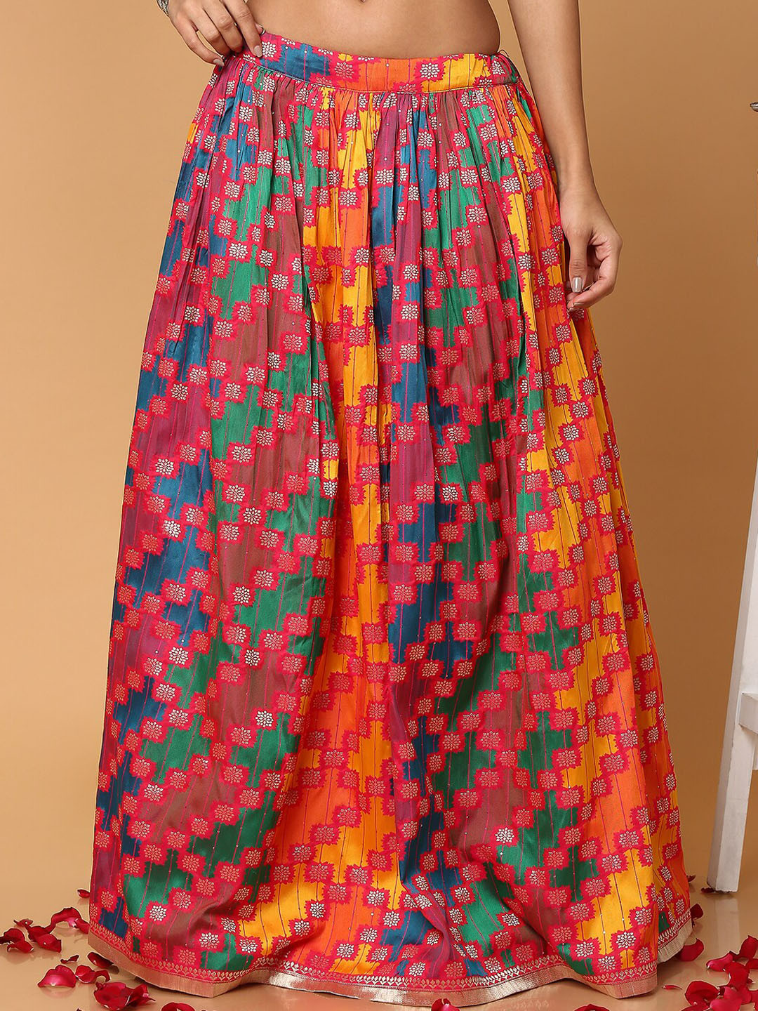 

SALWAR STUDIO Women Pink & Yellow Printed Flared Maxi Skirt