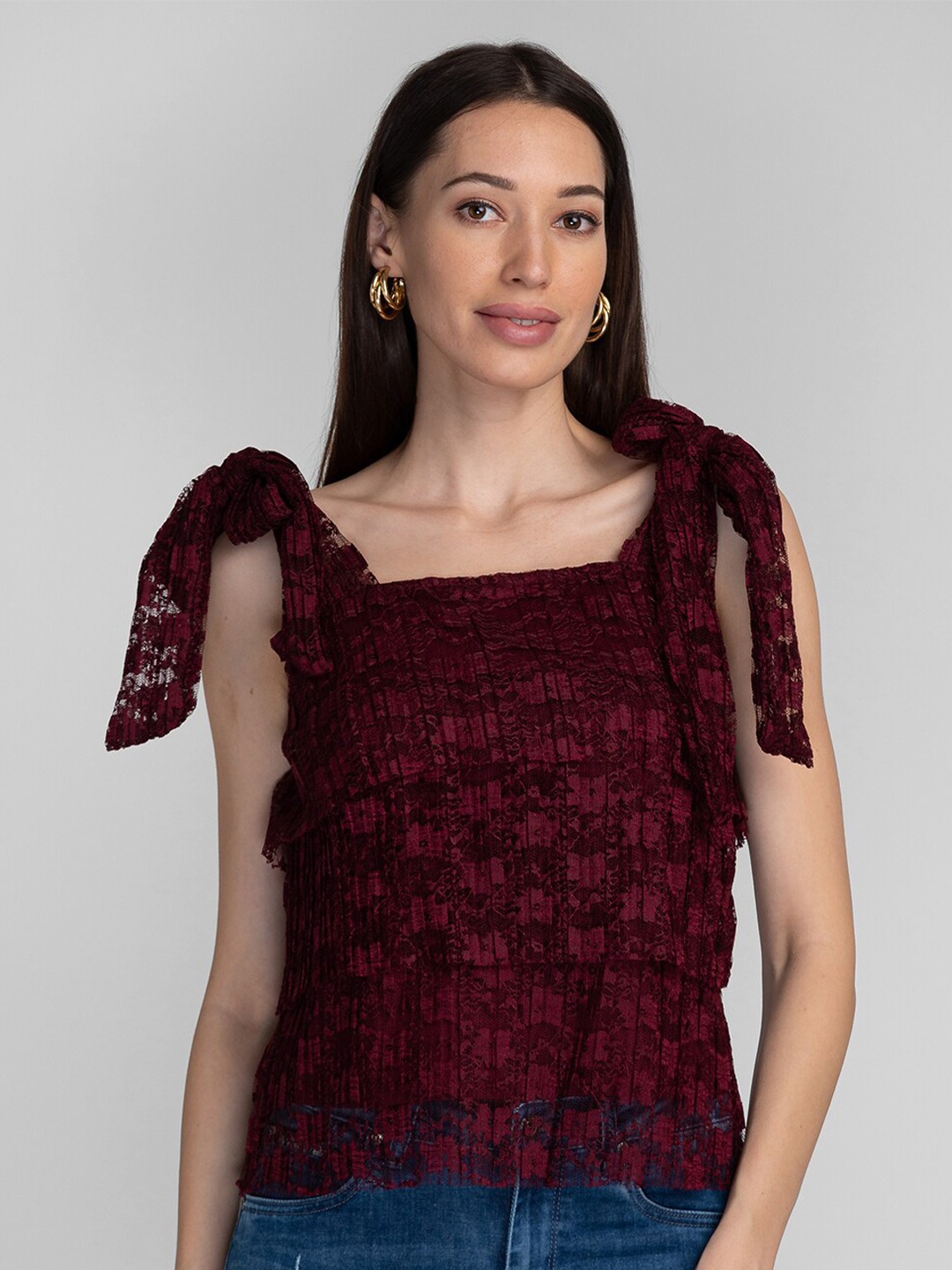 

Globus Red & Black Self Design Lace Top
