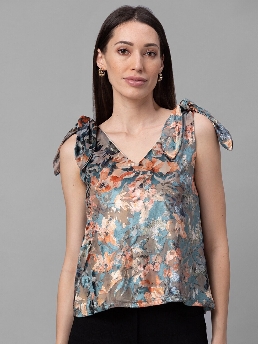 

Globus Green & Peach-Coloured Floral Print Top