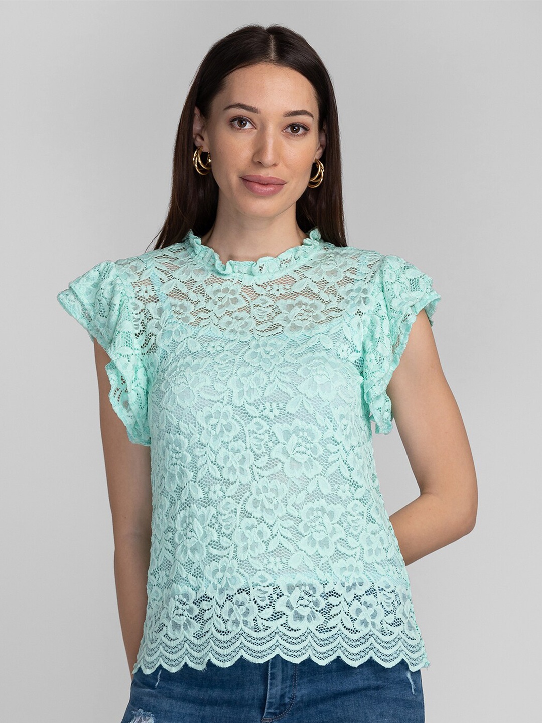 

Globus Green Self Design Lace Top