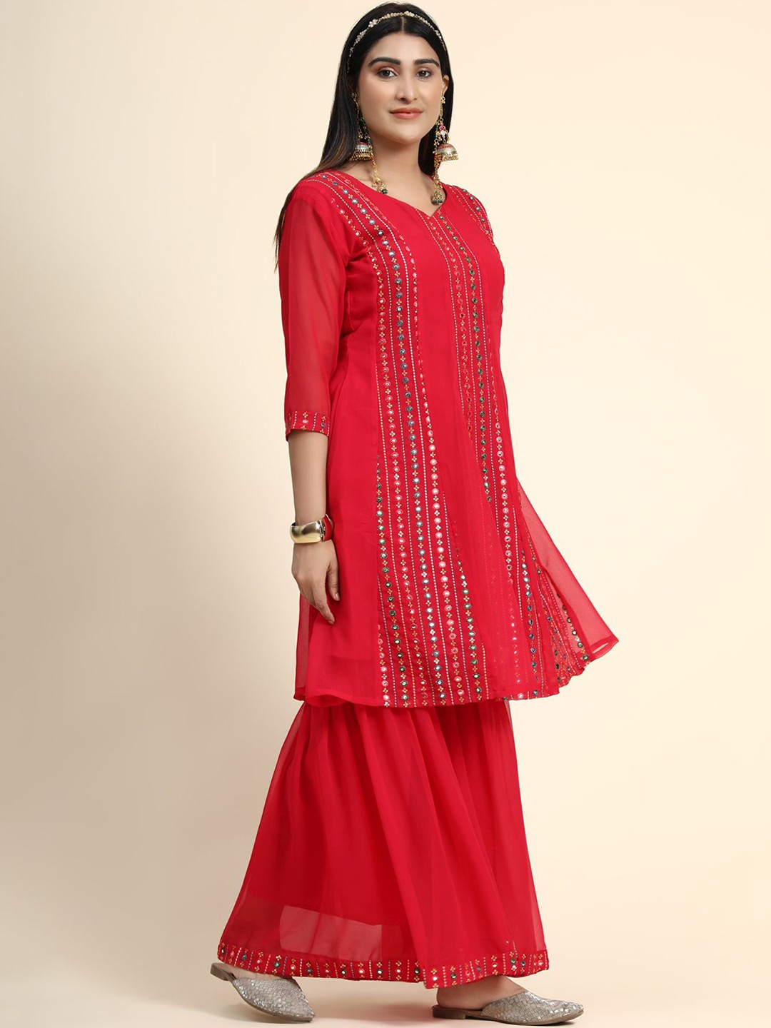 

KALINI Women Red Ethnic Motifs Embroidered Kurta with Sharara