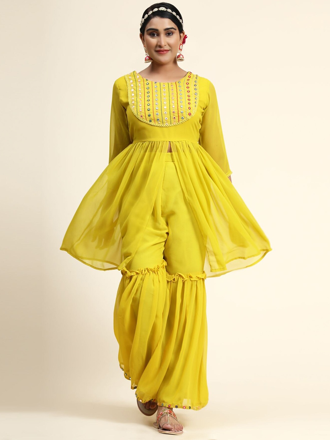 

KALINI Women Mustard Yellow Layered Thread Work Kurta with Sharara