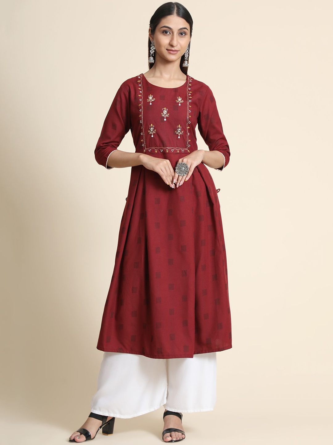 

KALINI Women Maroon Printed Pleated Thread Work Pure Cotton Kurta with Palazzos