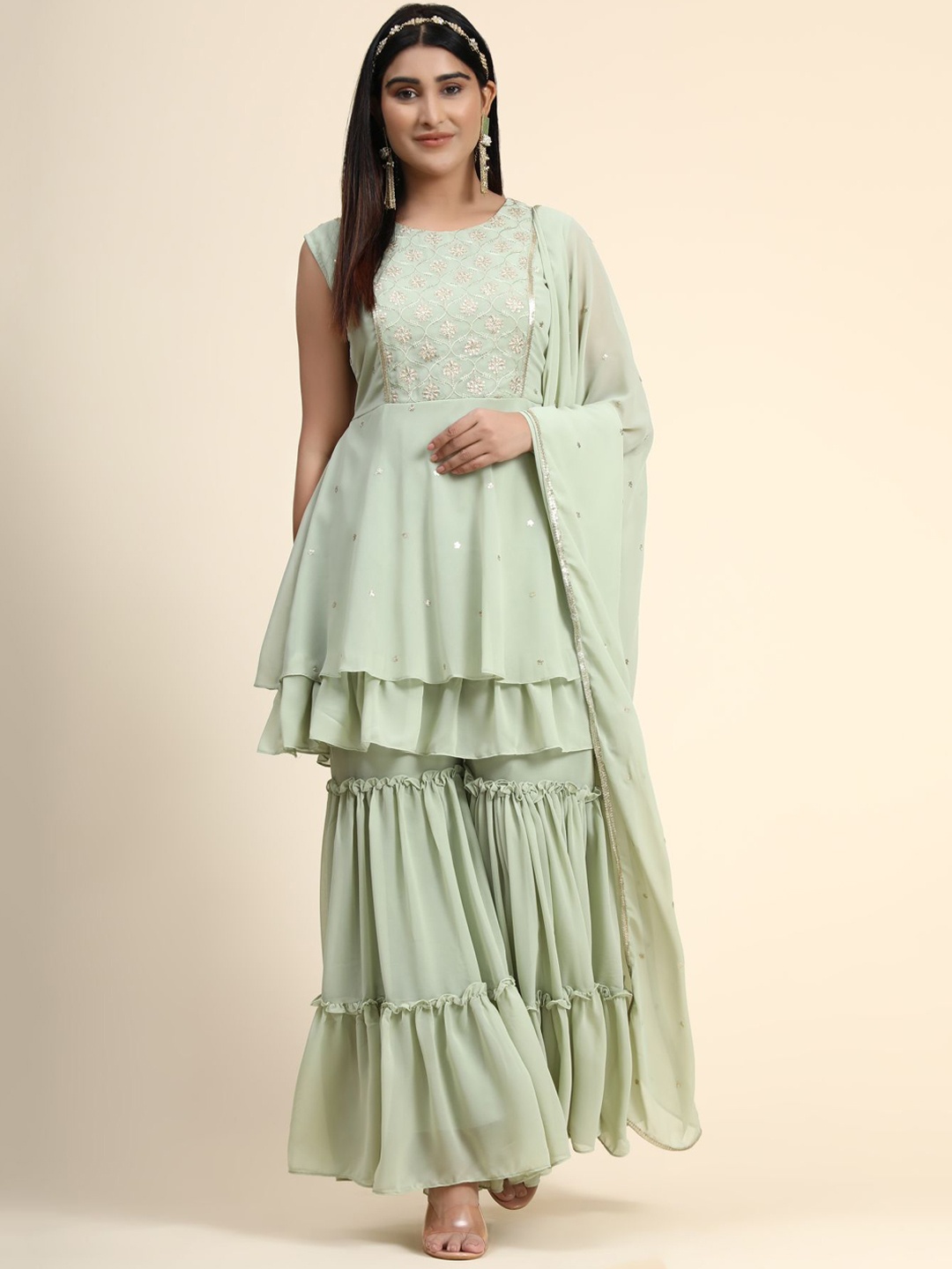 

KALINI Women Sea Green Ethnic Motifs Embroidered Layered Sequinned Kurti with Sharara & With Dupatta
