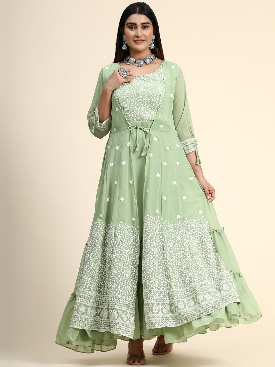 

KALINI Women Sea Green Floral Embroidered Layered Ethnic Maxi Dress