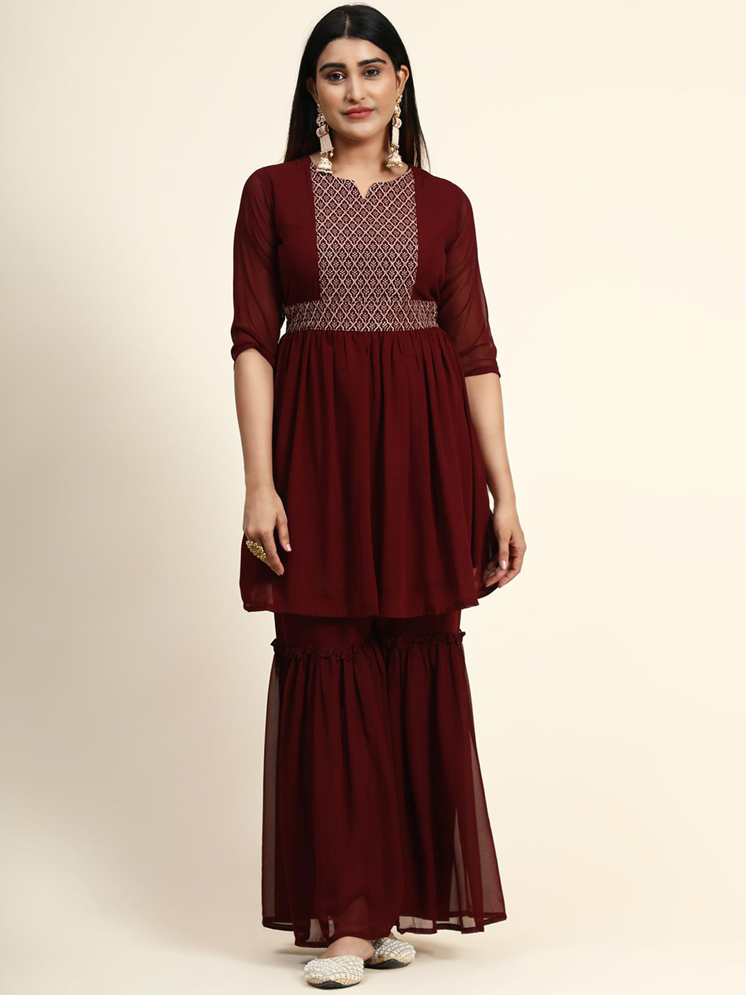 

KALINI Women Maroon Empire Thread Work Kurta with Sharara