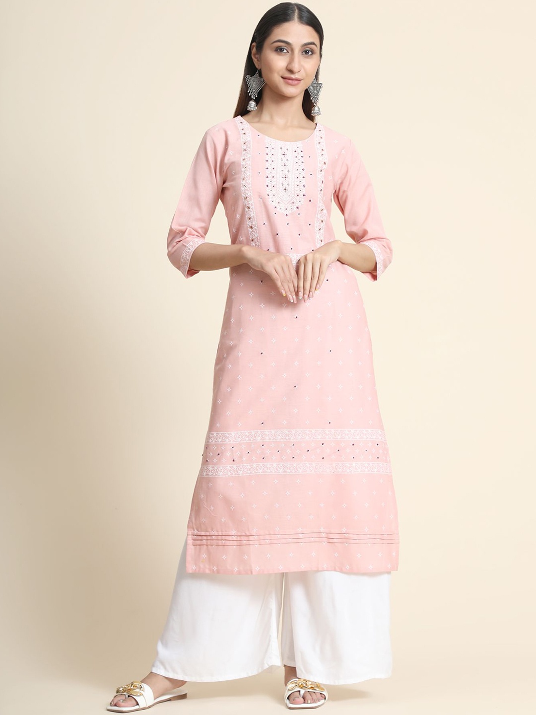 

KALINI Women Pink Embroidered Thread Work Pure Cotton Kurta with Palazzos