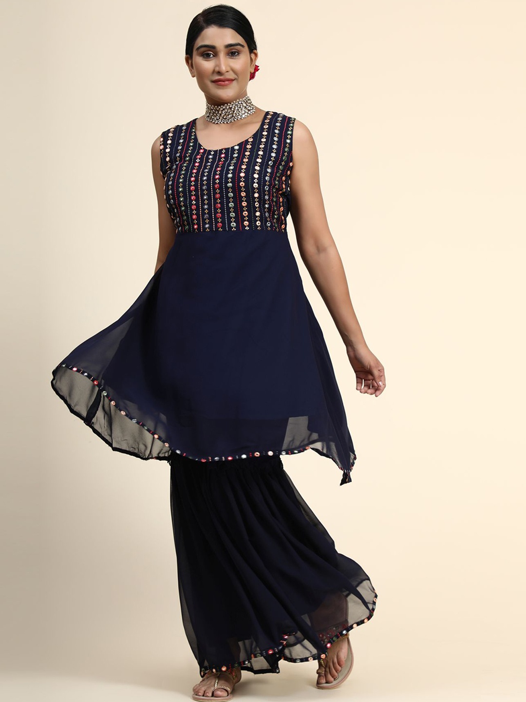 

KALINI Women Navy Blue Ethnic Motifs Embroidered Mirror Work Kurta with Sharara