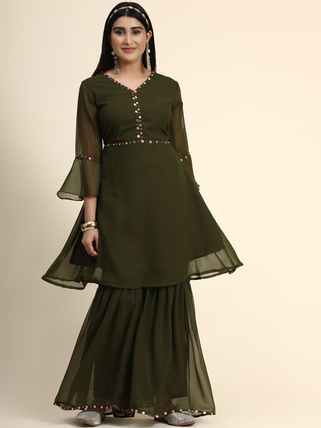 

KALINI Women Olive Green Embroidered Mirror Work Kurta with Sharara
