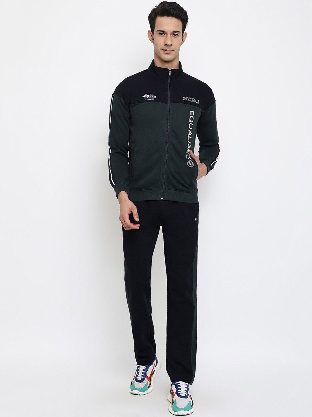 

Cantabil Men Green & Navy Blue Colourblocked Printed Tracksuits