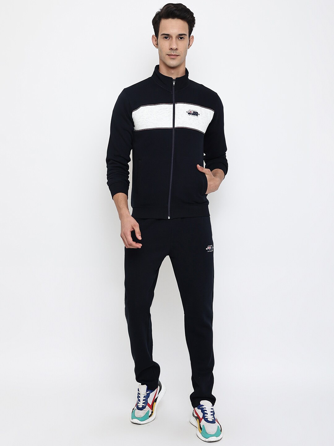 

Cantabil Men Navy Blue & White Colourblocked Cotton Tracksuits