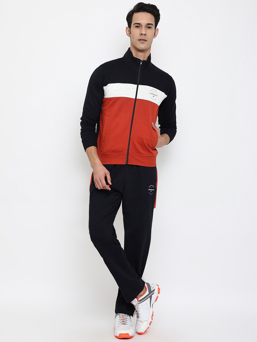 

Cantabil Men Black & Orange Colorblocked Woolen Tracksuits