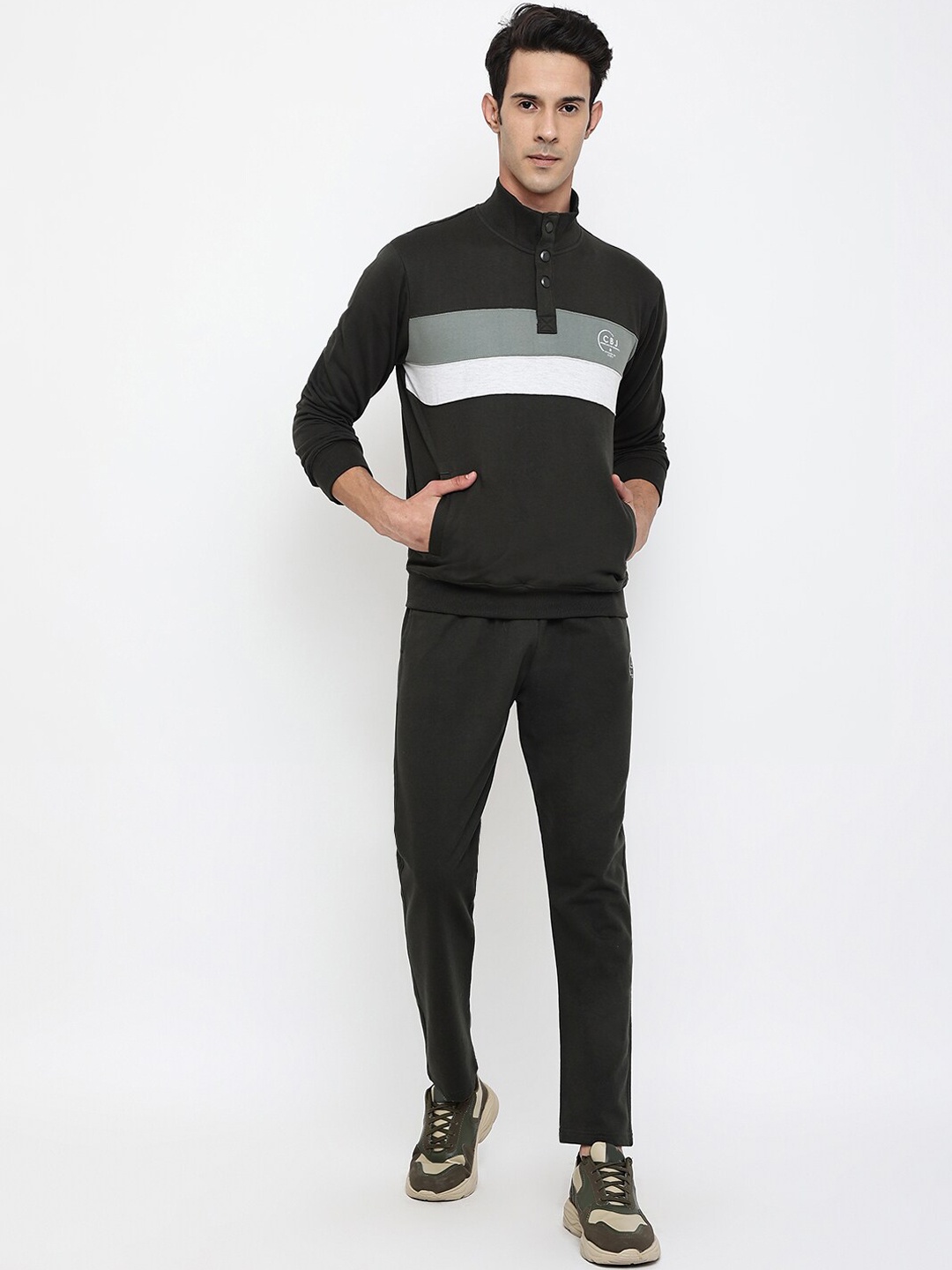 

Cantabil Men Olive Green & White Colourblocked Pure Cotton Tracksuits