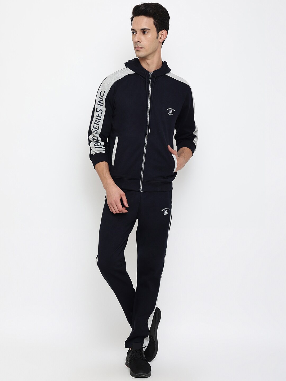 

Cantabil Men Navy Blue & White Colorblocked Acrylic Tracksuits