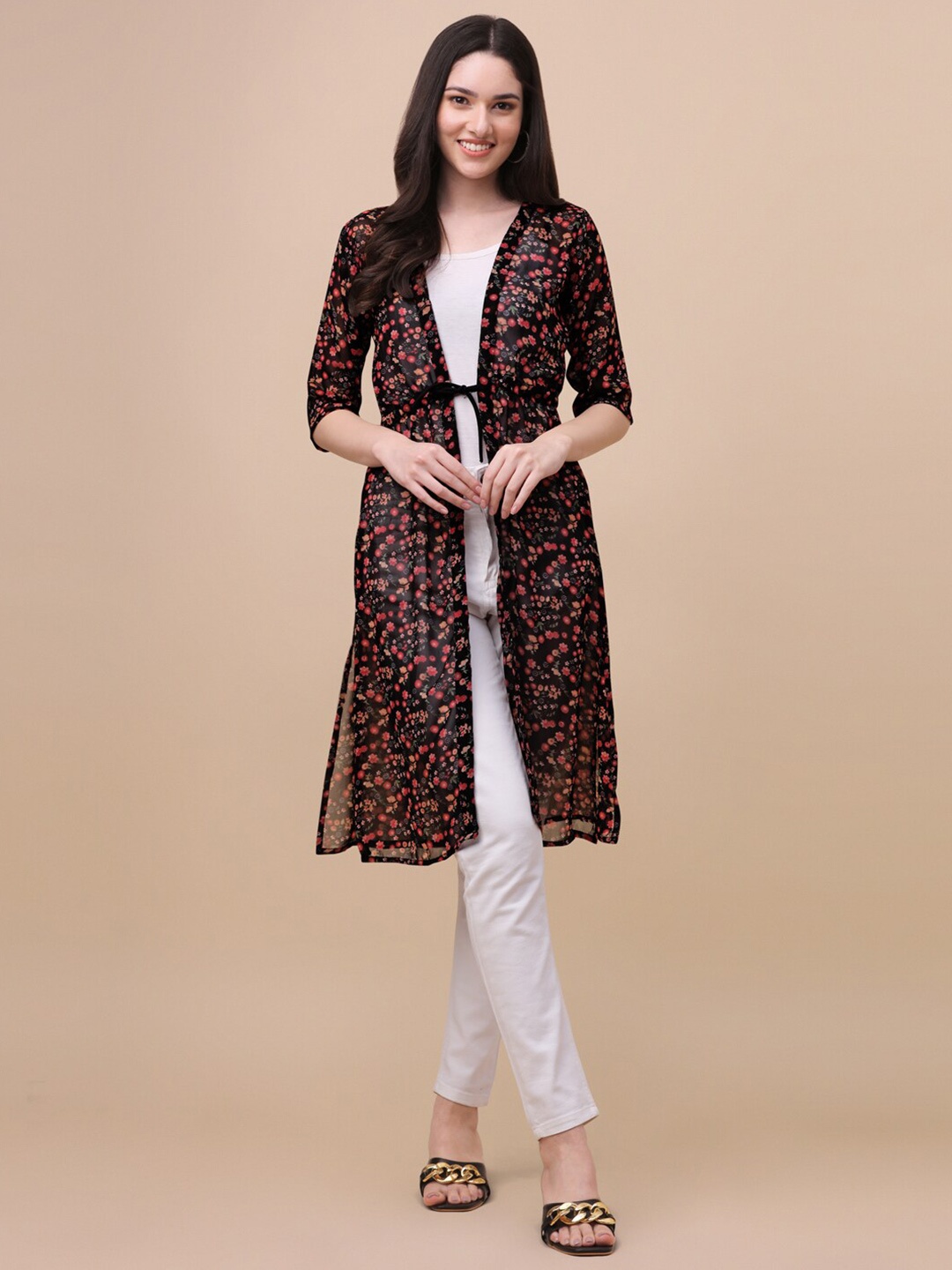 

GUFRINA Women Black & Red Printed Longline Tie-Up Shrug