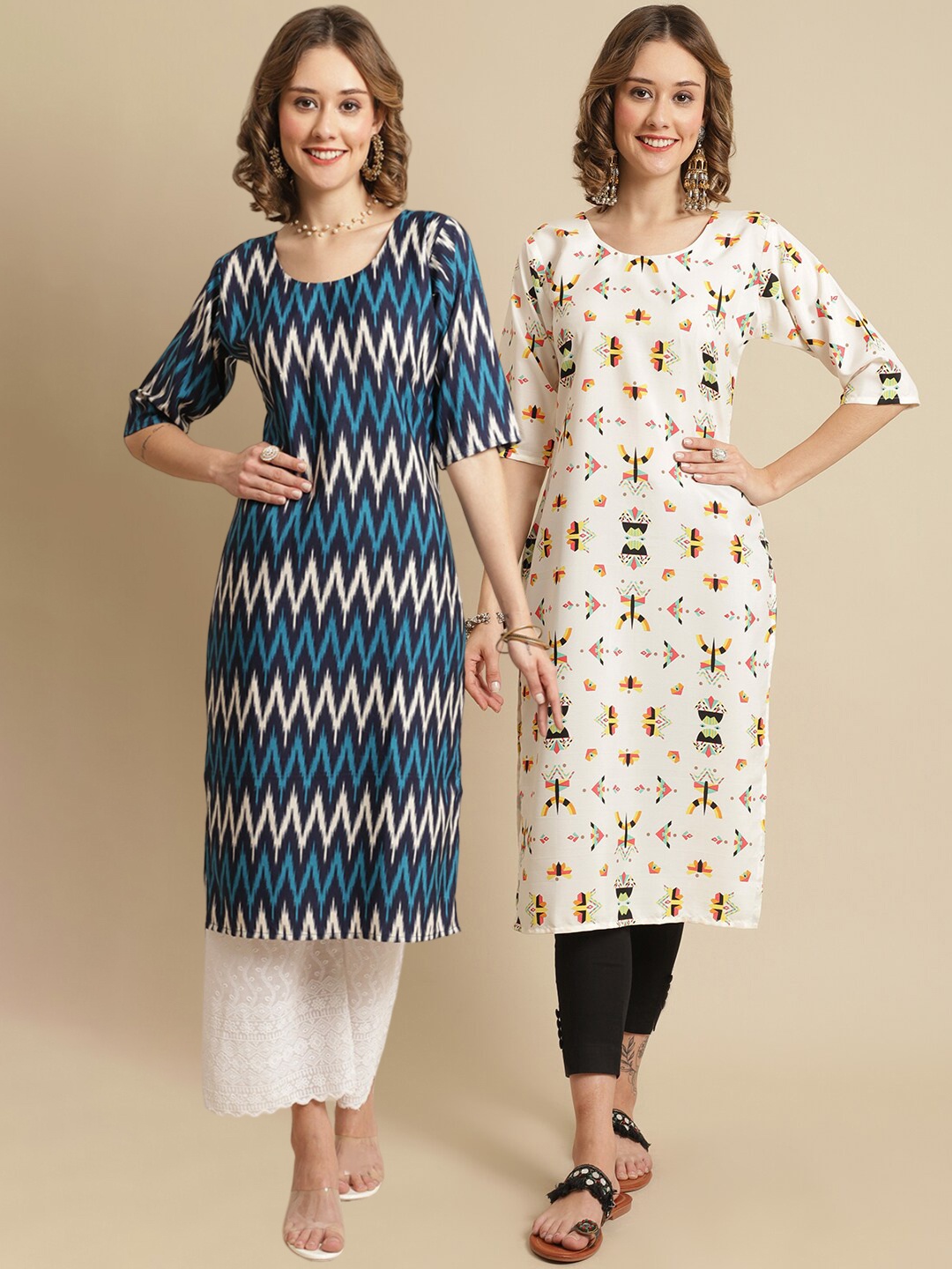 

7Threads Pack Of 2 Chevron Printed Flared Sleeves Crepe Kurta, Blue