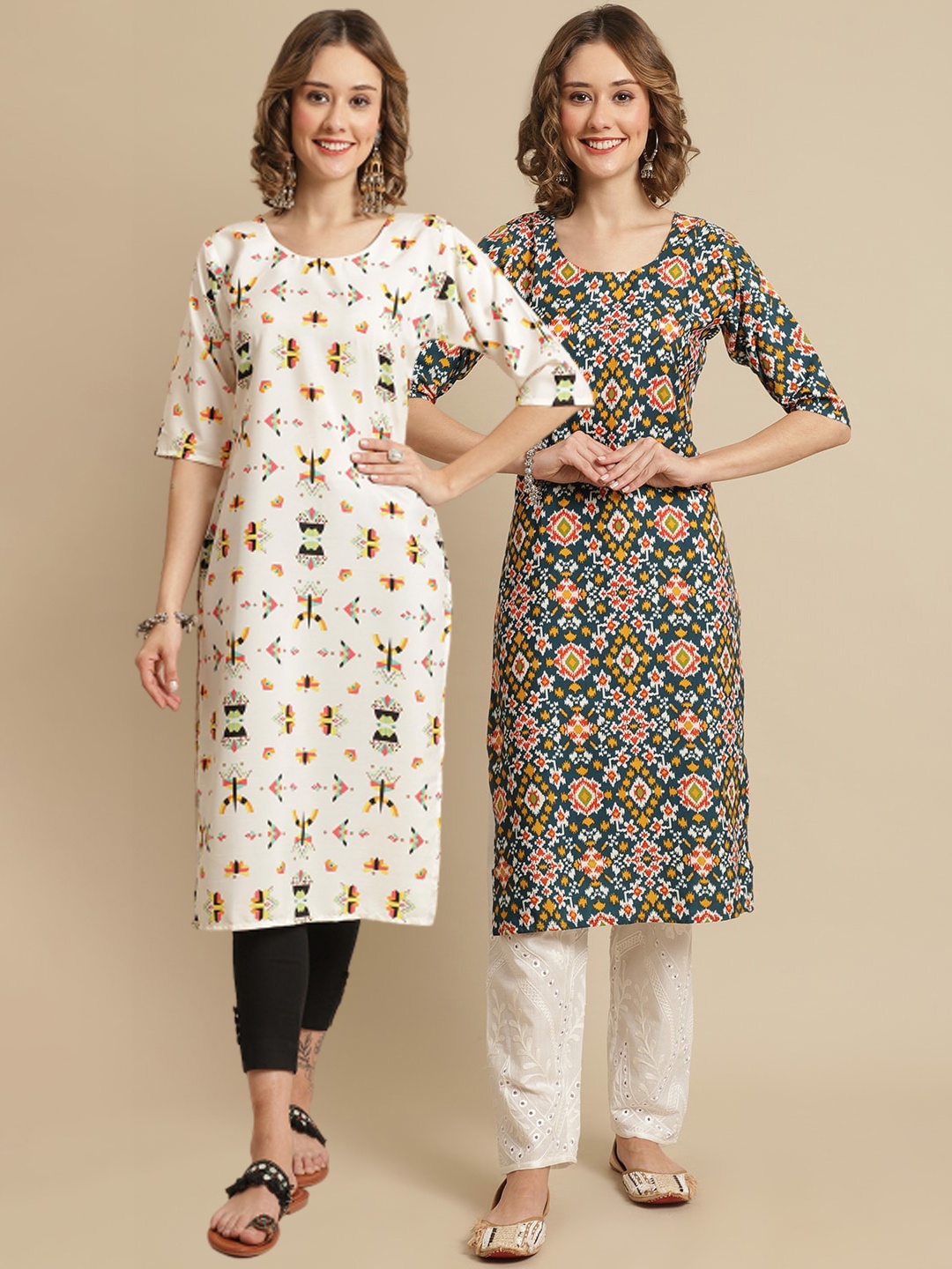 

7Threads Women Cream-Coloured & Green Ethnic Motifs Printed Handloom Crepe Kurta