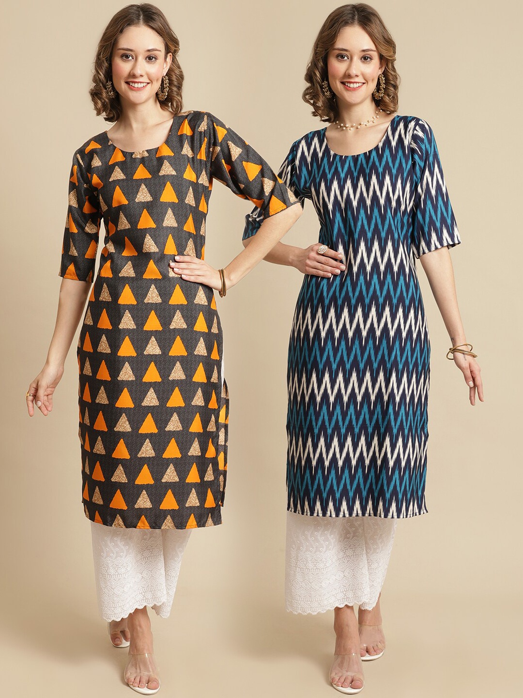 7Threads Women Orange & Blue Geometric Printed Handloom Crepe Kurta