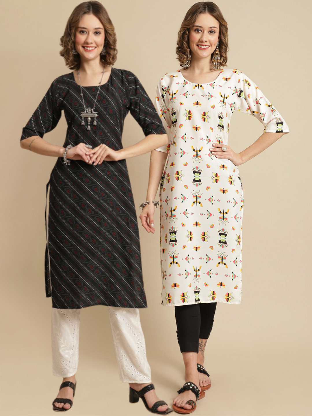 

7Threads Women Black & Cream-Coloured Ethnic Motifs Printed Handloom Crepe Kurta