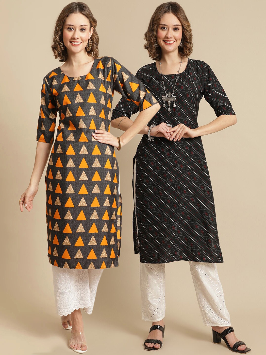 

7Threads Pack Of 2 Geometric Printed Block Print A-Line Regular Kurtas, Brown