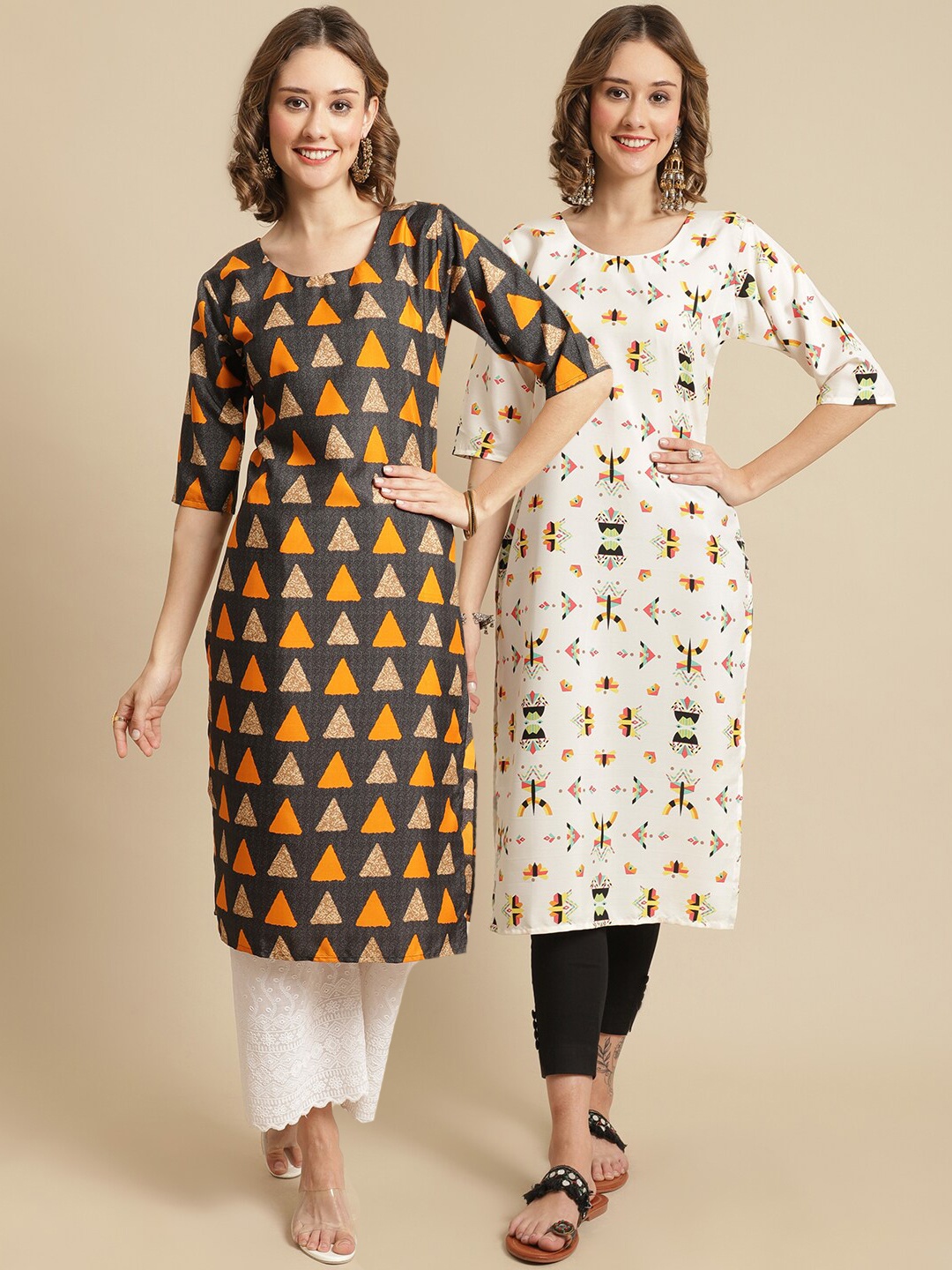 

7Threads Scoop Neck Pack Of 2 Geometric Printed Crepe Kurtas, Brown